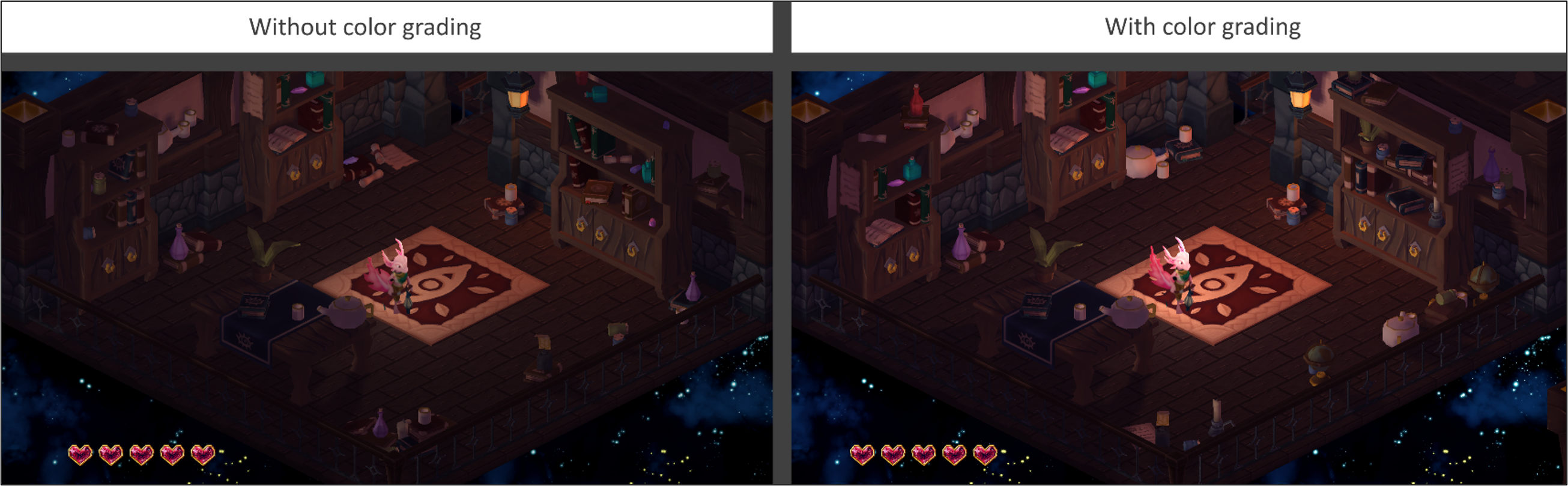 Comparison to show how the color grading enhances the visuals of the game in the final product