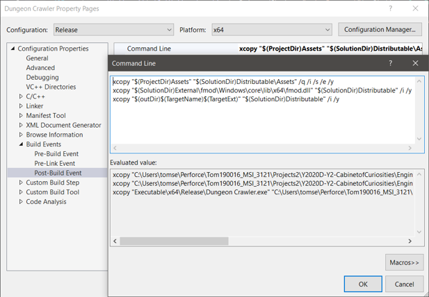 Commands to generate a distributable version of the build post-build by copying over the assets, executable, and any necessary files like DLLs