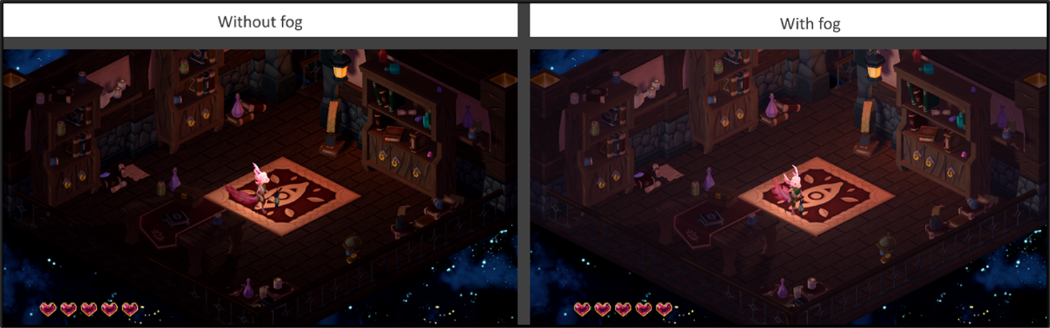 Comparison to show how the fog rendering enhances the visuals of the game in the final product
