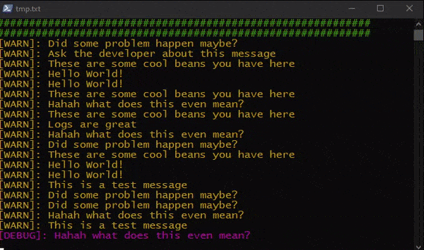 Recording of the logging window in action on a test application.
