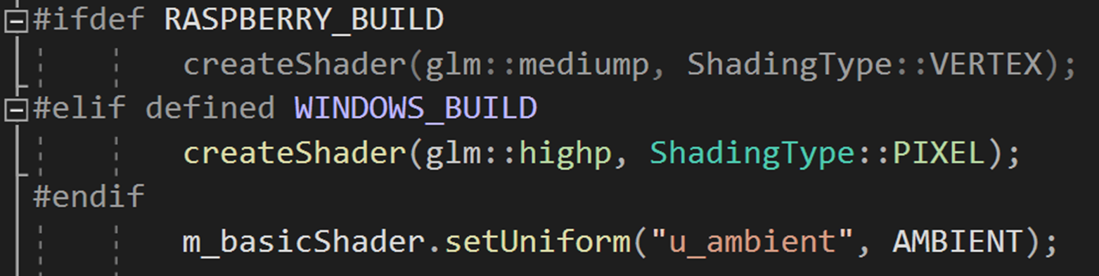 Example of different code for Windows and the raspberry pi[br][br]The raspberry pi did better with medium precision floats and vertex shading, while other machines were strong enough for higher precision floats and pixel shading