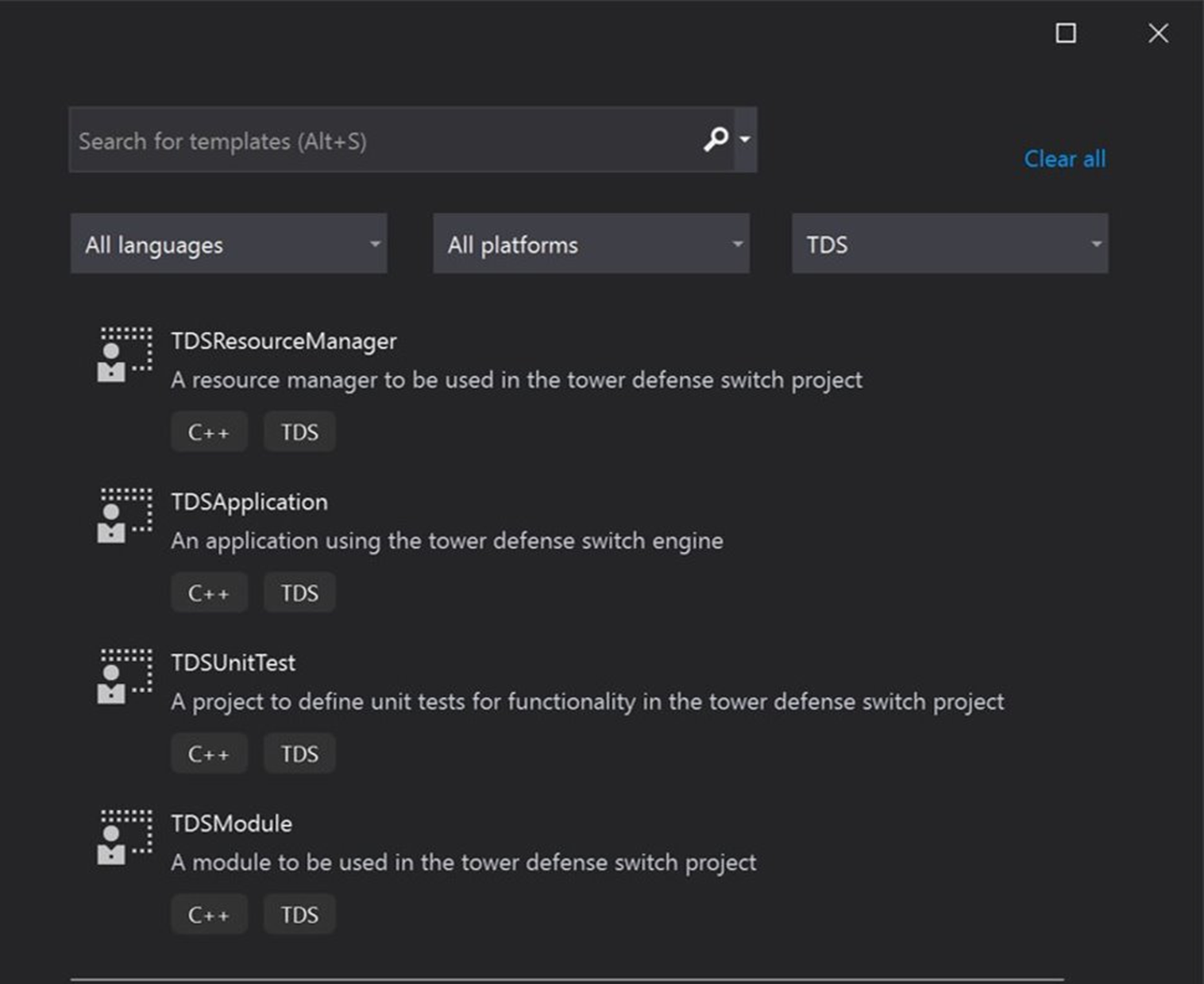 Project templates I made for each type of project we needed[br][br]These made adding new modules, resource handlers, and unit tests much easier for everyone