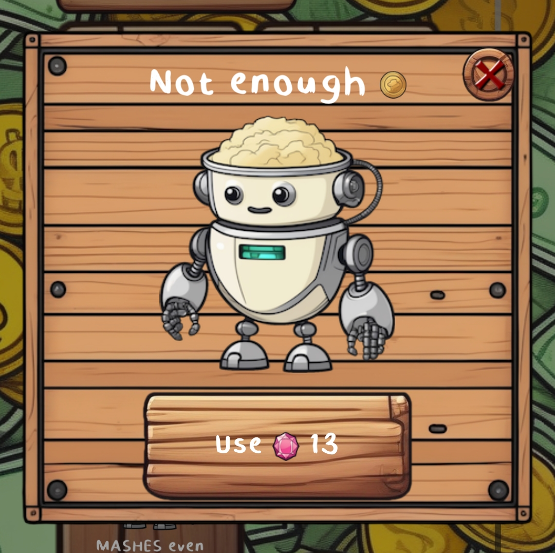 To calculate how many gems it costs to buy the missing coins, the same heuristic from the upgrade curve is used in-game to estimate how many minutes it would take the player to get the coins with their current upgrades.