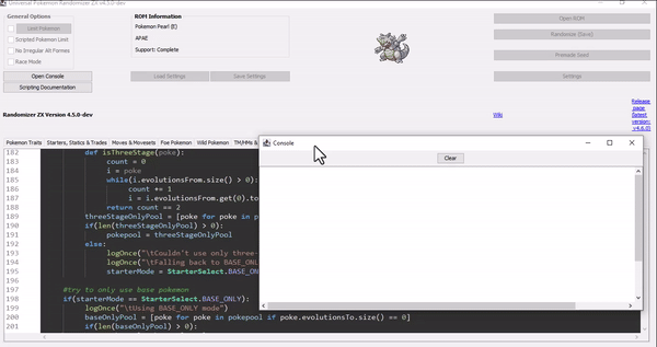 Showcase of the console window. This is running on a example script that will pick two random pokemon types at initialization, which all obtainable pokemon (wild/static/egg/trade) must have.