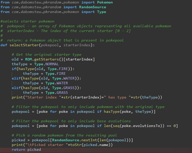Showcase of the syntax highlighting. This script selects starters by seeing if the original was fire/water/grass type and then picking a random non-evolved pokemon with that type.